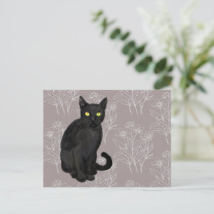 Postal gato negro fondo floral