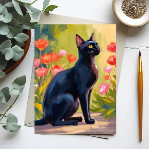 Postal Gato negro   Gatito mascota acuarela flores pintad