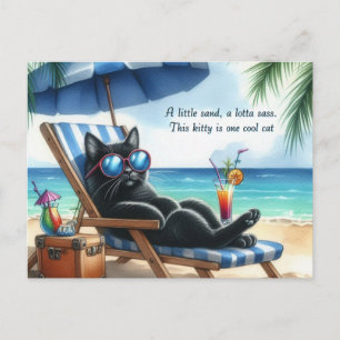 Postal Gato negro genial en la playa