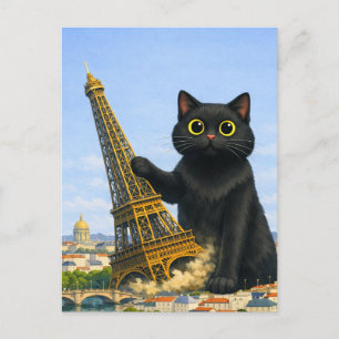Postal Gato Negro Gigante Divertido Derriba la Torre Eiff