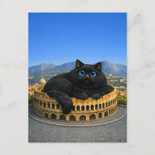 Postal Gato negro gordo y divertido en el Coliseo Romano
