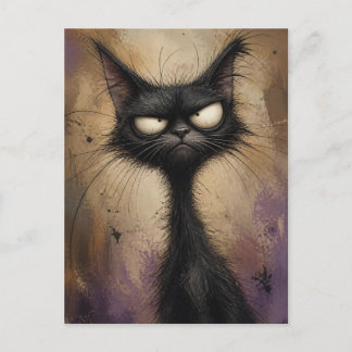 Postal Gato Negro Gruñón Divertido Arte Malhumorado