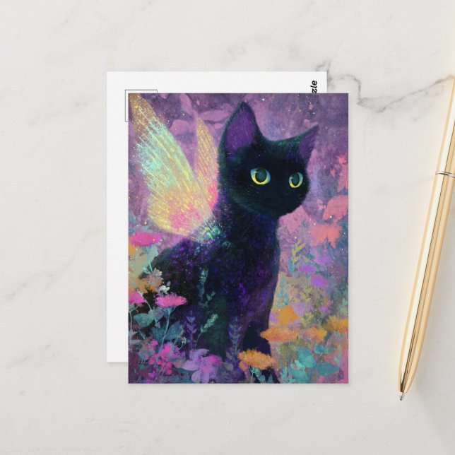 Postal Gato Negro Hermoso Con Alas De Hada (Anverso/Reverso In Situ)