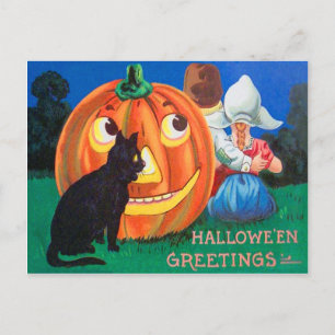 Postal Gato Negro Jack O Lantern Calabaza Niños