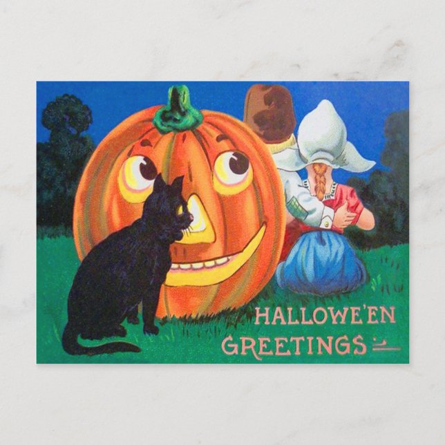 Postal Gato negro Jack O Lantern Pumpkin Children (Anverso)