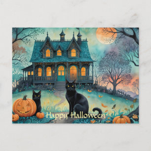 Postal Gato Negro, Jack O Lanterns, Casa Embrujada Hallow