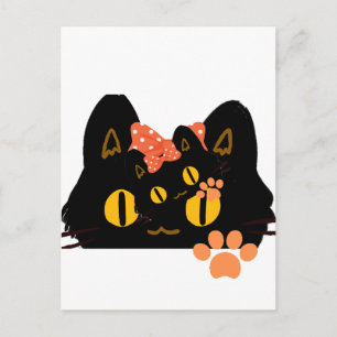 Postal Gato negro Kawaii asomándose con lazo