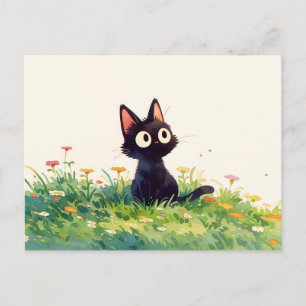 Postal Gato negro Kawaii de acuarela con ojos grandes