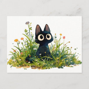Postal Gato negro kawaii de acuarela de hierba alta