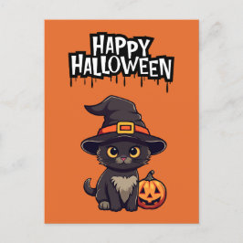 Postal Gato negro lindo con calabaza Jack O Lantern