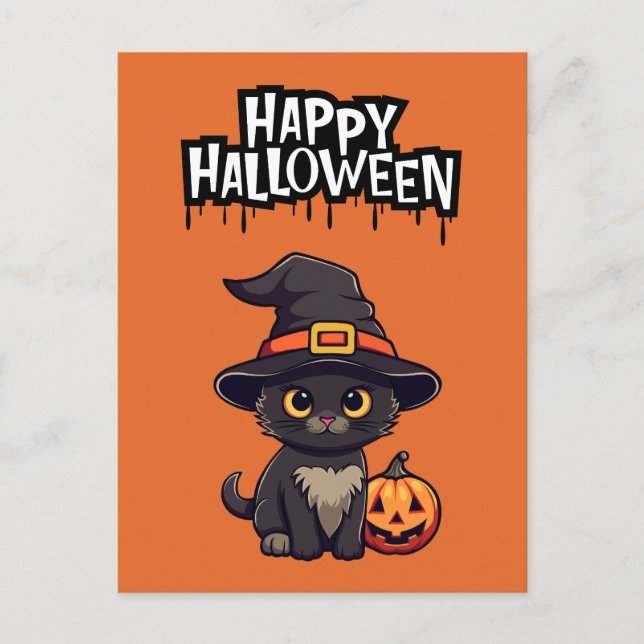 Postal Gato negro lindo con calabaza Jack O Lantern (Anverso)