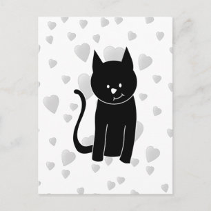 Postal Gato negro lindo con corazones.