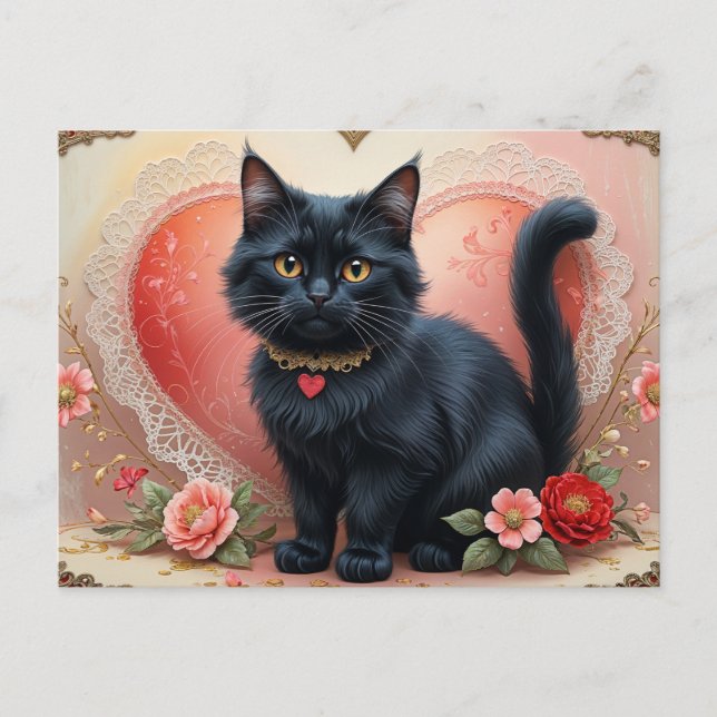 Postal Gato negro lindo con flores (Anverso)