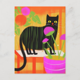 Postal Gato negro lindo con rayas verdes en plantas domés