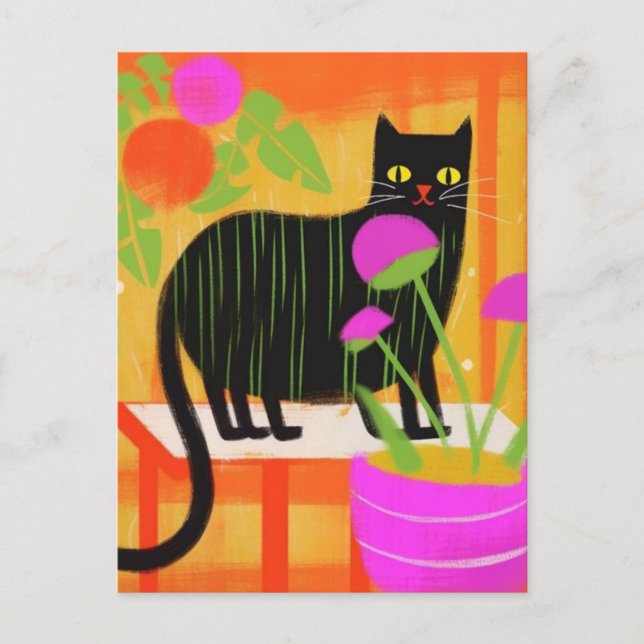 Postal Gato negro lindo con rayas verdes en plantas domés (Anverso)