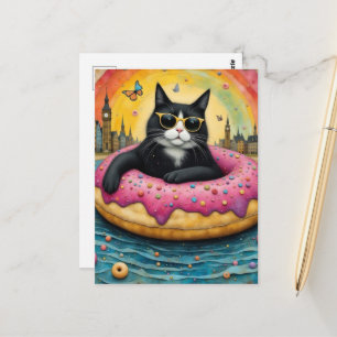 Postal Gato negro lindo de vacaciones en una dona flotant