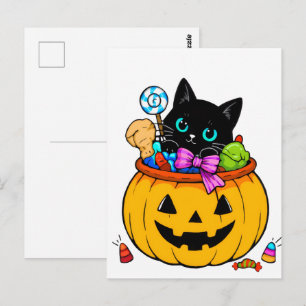 Postal Gato negro lindo en calabaza de Jack-O'-Lantern Ha