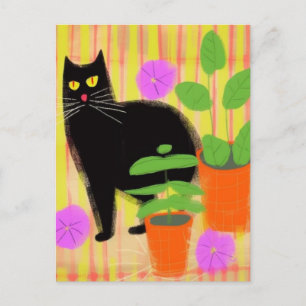 Postal Gato negro lindo en plantas domésticas