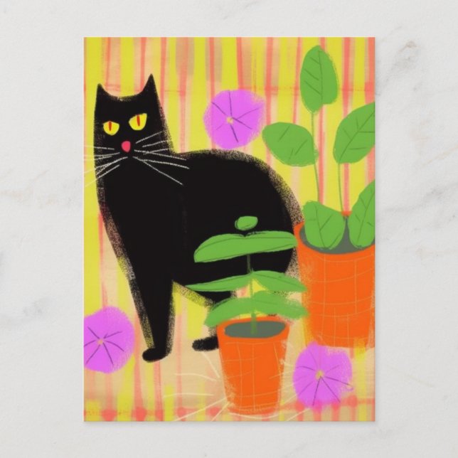 Postal Gato negro lindo en plantas domésticas (Anverso)