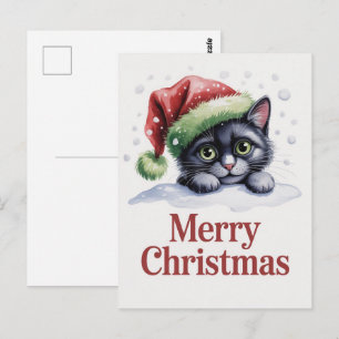 Postal Gato negro lindo gatito Navidad Invierno Fiesta   