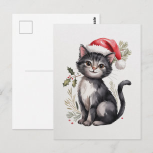 Postal Gato negro lindo gatito Navidad Invierno Fiesta