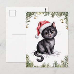 Postal Gato negro lindo gatito Navidad Invierno Fiesta