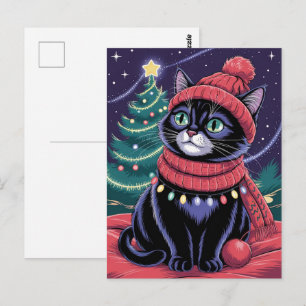 Postal Gato negro lindo gatito Navidad Invierno Fiesta