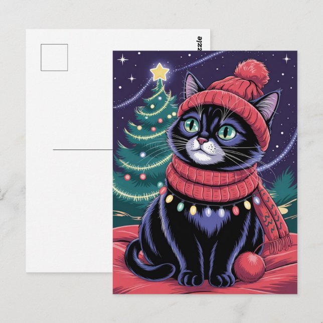 Postal Gato negro lindo gatito Navidad Invierno Fiesta    (Anverso / Reverso)