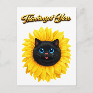 Postal Gato negro lindo girasol Cara Pensando en ti