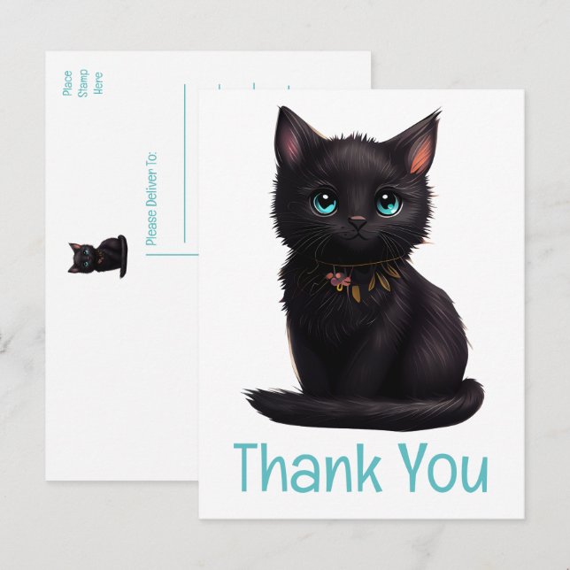 Postal Gato negro lindo Kitten Kitty Gracias (Anverso / Reverso)