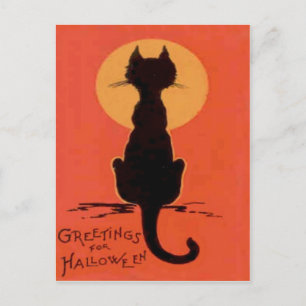 Postal Gato Negro Luna Llena Amarillo Naranja