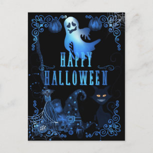 Postal Gato Negro Mágico Feliz Halloween Luces Azules Bri