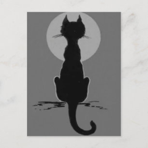 Postal Gato negro monocromo en blanco y negro Luna llena