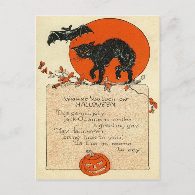 Postal Gato Negro Murciélago Luna Llena (Anverso)