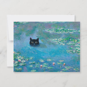 Postal Gato negro nadando en el agua Lilies desmoronan