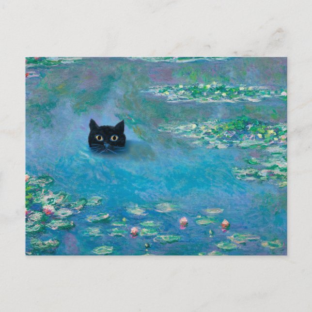 Postal Gato negro nadando en el agua Lilies desmoronan (Anverso)