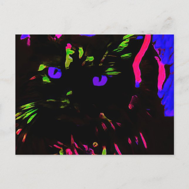 Postal Gato negro neón con ojos brillantes (Anverso)