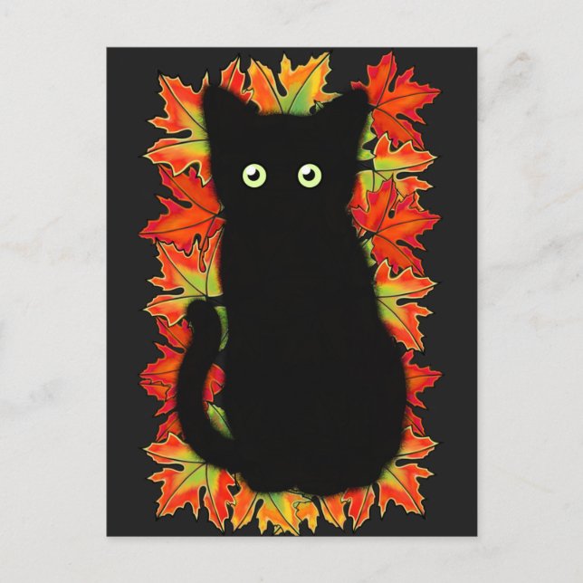 Postal Gato negro, patrón de hojas de otoño, diversión de (Anverso)