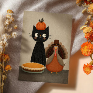 Postal Gato Negro, Pavo y Tarta de Calabaza Día de Acción