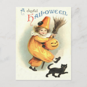 Postal Gato Negro Payaso Jack O Lantern Calabaza