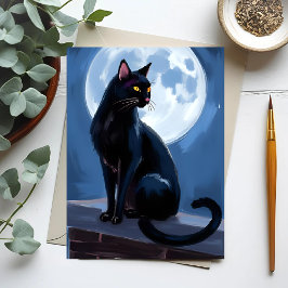 Postal Gato Negro | Pintura de Mascota de Luna Llena