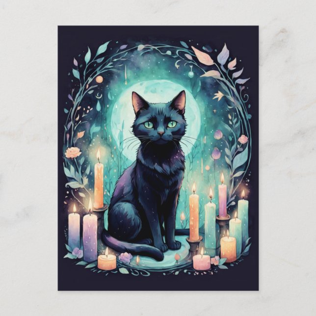 Postal Gato negro por luz de velas (Anverso)