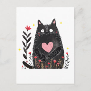 Postal Gato negro regordete al estilo acuarela floral con