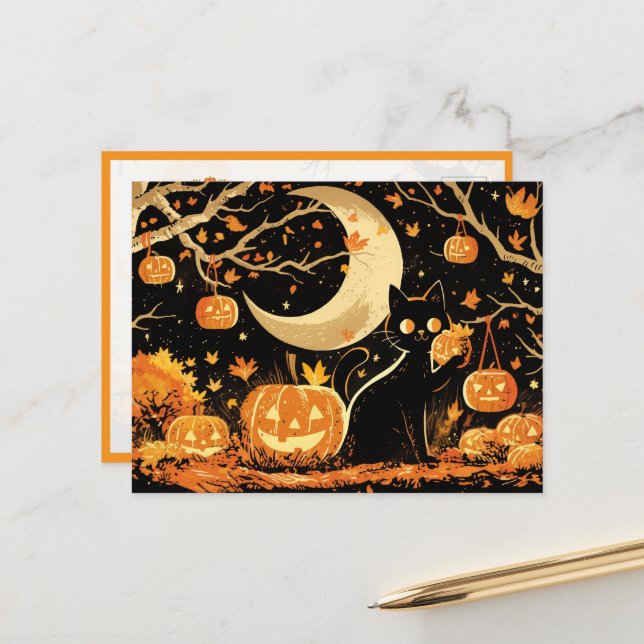 Postal Gato Negro Retro con Jack-o’-Lanterns (Anverso/Reverso In Situ)