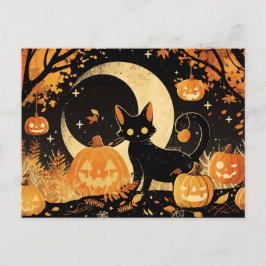 Postal Gato Negro Retro con Jack-o’-Lanterns