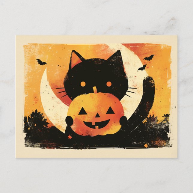 Postal Gato negro retro con linterna Jack O' (Anverso)