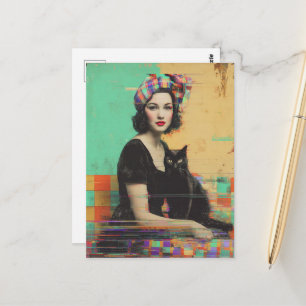 Postal Gato Negro Retro y Señora Glitch