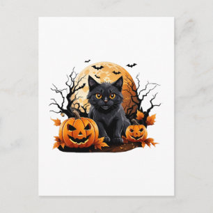 Postal Gato negro rodeado de calabazas