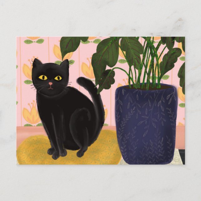 Postal Gato negro sentado en Bonito rosado (Anverso)