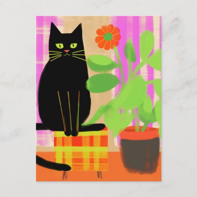 Postal Gato negro sobre pintura de flores de época de asi (Anverso)
